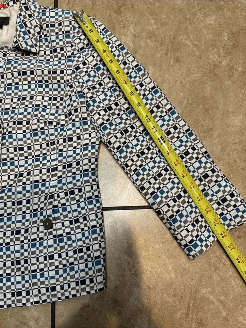 Nina Mclemore Women Blue,White Geometric Pattern Button Front Blazer Jacket Sz 2 - Picture 16 of 16